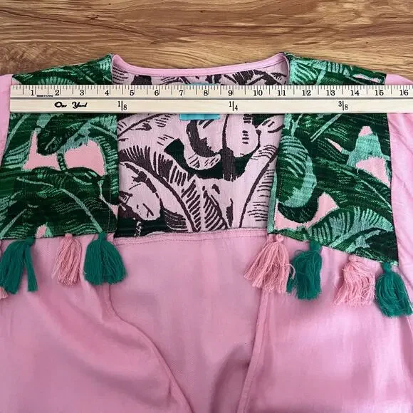Judith March Tropical Pink & Green Tassel Palm Leaf  Fringe Hem Kimono Size L - Picture 8 of 10